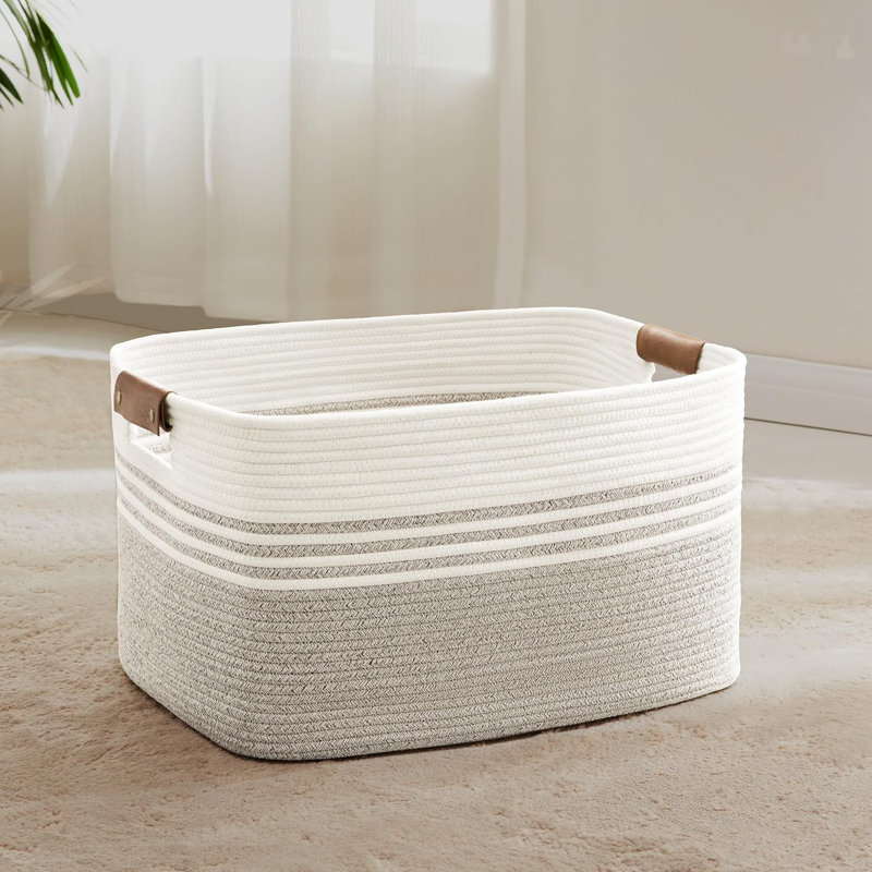 Large Woven Laundry Basket With Leather Handles - Cotton Storage Hamper For Clothes, Blankets, Toys, And Towels - Durable Rectangular Design For Bedroom, Living Room, And Bathroom Organization