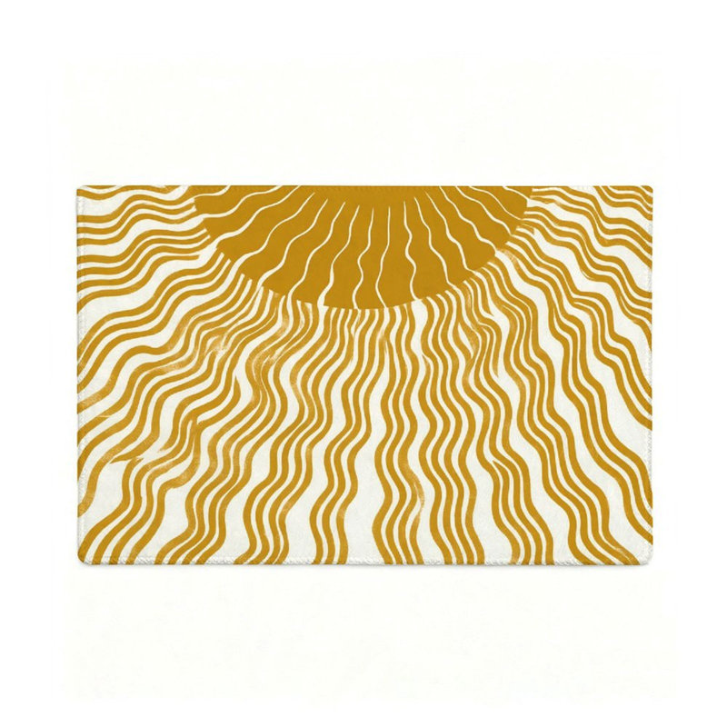 Tapis antidérapant à motif rayonnant jaune, 119 x 79 cm, idéal pour entrée ou vestibule.