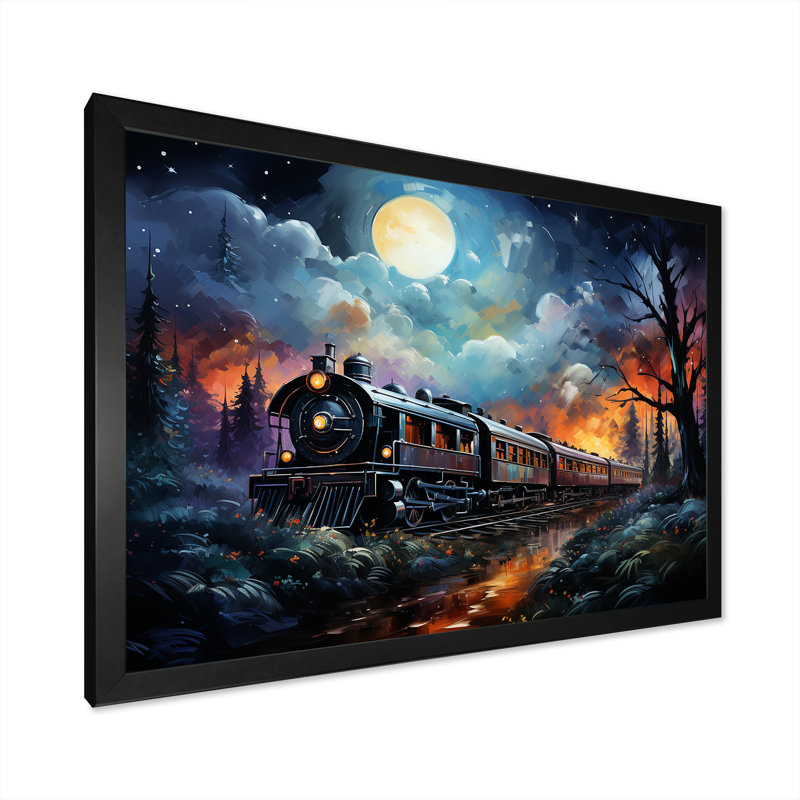 «Orange Moonlight Countryside Train Journey II» - art mural train, Cadre d'angle fermé noir, H 16 po x l 32 po x P 1 po