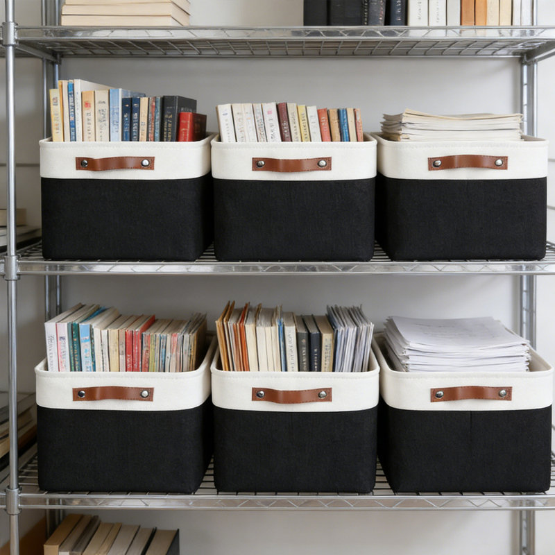 6Pack Closet Organizer Bins ,Storage Bins for Shelves, Foldable Closet Storage Boxes Baskets with Leather Handles for Organizing Clothes, Sheets, Jeans, Toys, Books