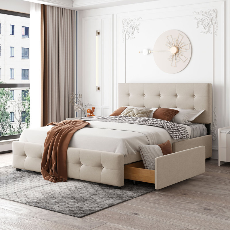 Upholstered Platform Storage Bed, Beige
