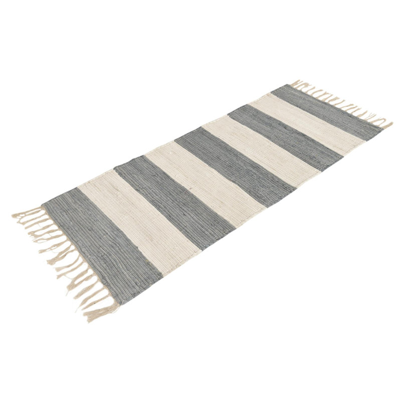Tapis gris / blanc cassé en coton noué à la main Rinker, Tapis de couloir 2 pi x 5 pi 1 po