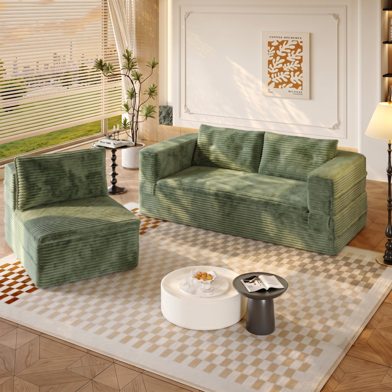 Boneless 80" King-Size Sleeper Sofa Bed Compression Convertible Couch Bed with Blanket, Green