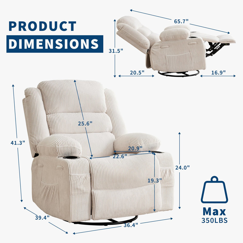 Fauteuil inclinable pivotant surdimensionné avec rotation à 360 °, inclinaison manuelle, porte-gobelets et rangement latéral, revêtement en velours côtelé