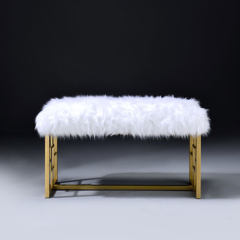Glamorous White And Gold Bench With Comfortable Faux Fur Upholstery Bedroom Fashionable Upholstered Golden Metal Frame For