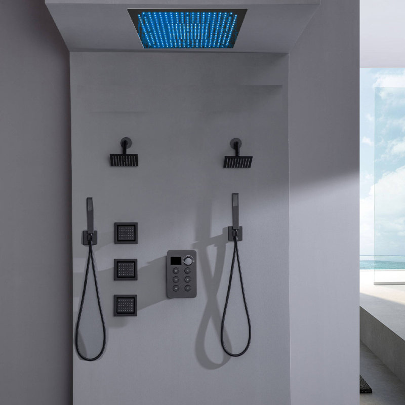 Flush Mount Shower Head With 6-Way Digital Faucet, Dual 6" Regular Head, Body Jets, Matte Black