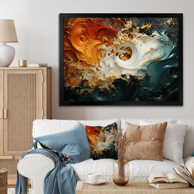 Orange et émeraude marbre lave VI - art mural abstrait, H 30 po x l 40 po x P 1,5 po, Cadre d'angle fermé noir