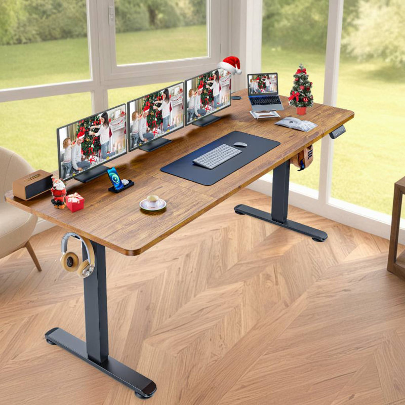 Olivia 70.87" Electric Height Adjustable Standing Desk With 4 Lockable Casters, 2 Hooks, Big Mouse Pad, Brown