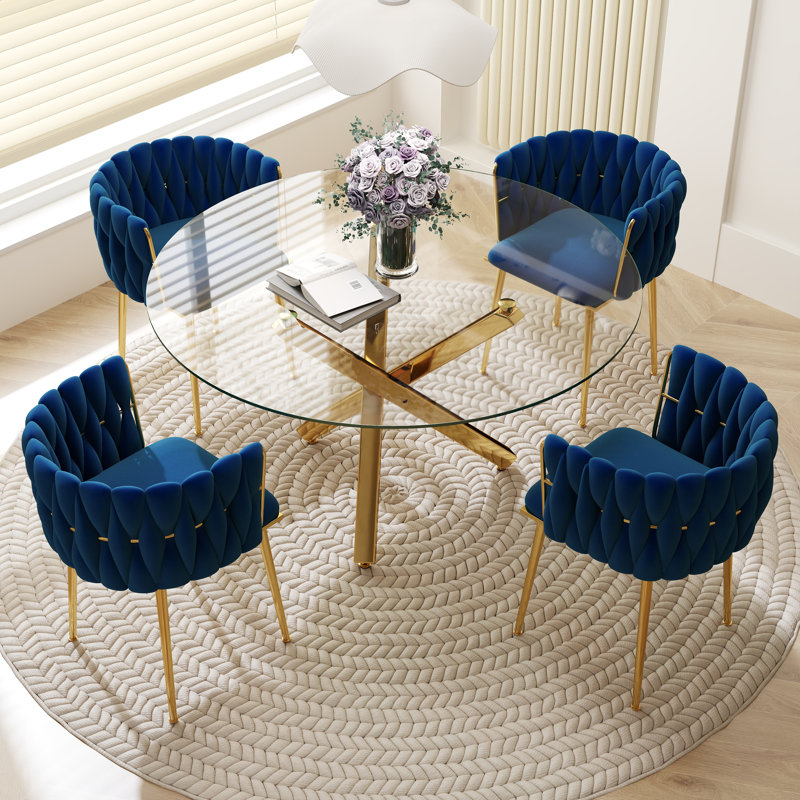 Ensemble de salle à manger Ayron, table de salle à manger avec pieds croisés et chaise de salle à manger en velours, Bleu