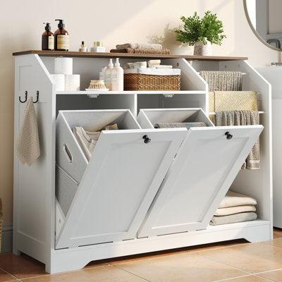 Double Tilt-Out Laundry Hamper Cabinet Hidden Laundry Hamper with 3 Towel Racks and 2x8.7 Gallon Baskets, Large capacity trash can