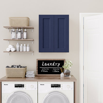 Armoire murale en bois massif bleu marine Shaker de 24 po, charnières à fermeture en douceur, tablettes réglables, porte double pour la cuisine, la salle de bain et la buanderie