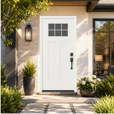 36″ x 80″White‑Primed Fiberglass Entry Door – Craftsman 2‑Panel with 6‑Lite Low‑E Mini‑Blind Glass, Vinyl Frame & Brickmould, Left‑Hand Inswing