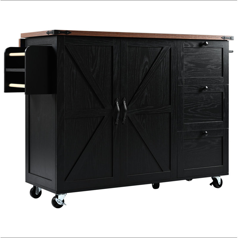 54.5" Farmhouse Kitchen Island with Power Outlet, Kitchen Storage Island  with Internal Storage Rack, Drop Leaf, Spice Rack, Rolling Kitchen Cart on Wheels, for Home, Kitchen and Dining Room