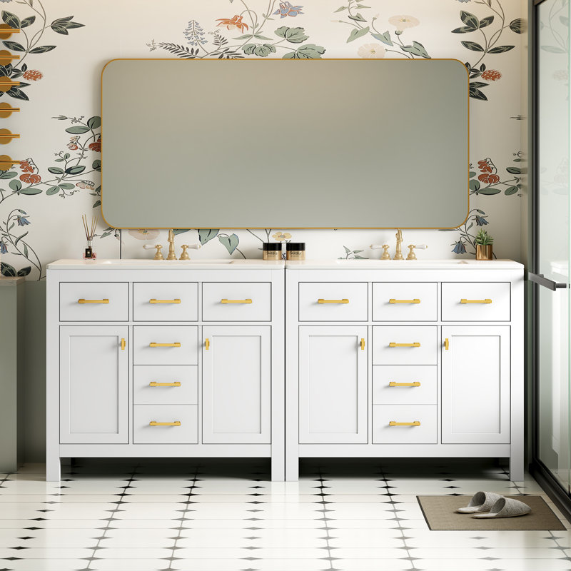 Ensemble de meuble-lavabo 72 po avec lavabo en céramique, meuble-lavabo simple autoportant moderne à 4 tiroirs et 2 armoires, meuble de rangement pour salle de bain, ensemble de meuble-lavabo à cadre en bois massif