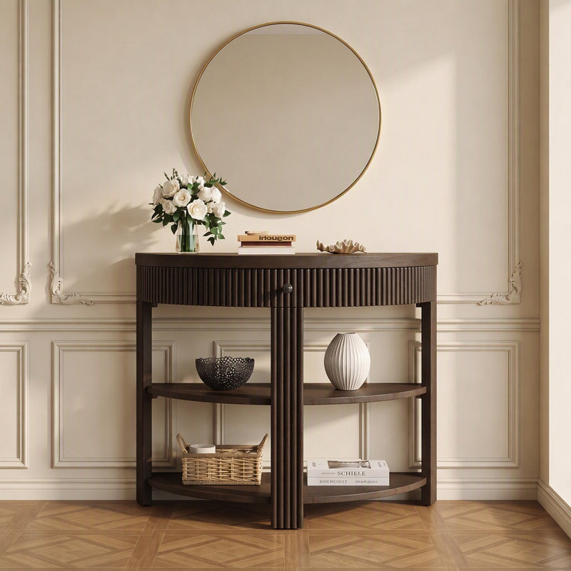 Console demi-ronde en bois massif cannelé avec tiroir et 2 tablettes, Noyer