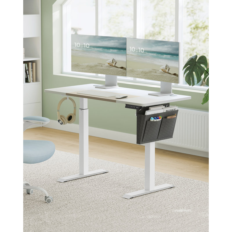 Hadrien Adjustable Metal Base Standing Desk with Power Outlet, 120cm H x 120cm W x 60cm D, Beige/White/White