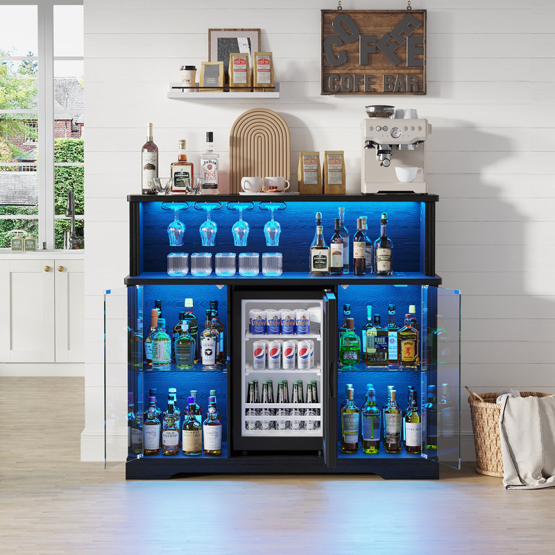 	Glass Wine Cabinet with Freestanding Wine Cooler Refrigerator, 4 Removable Wine Shelves, RGB Light, Black