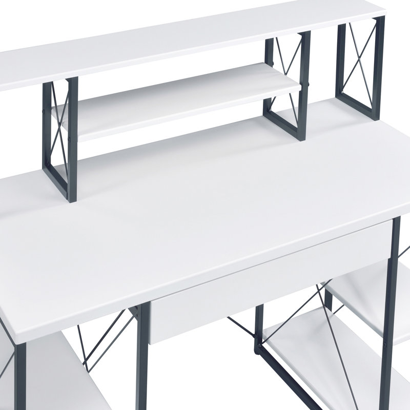 Bureau blanc et noir avec de nombreuses tablettes pour écrire