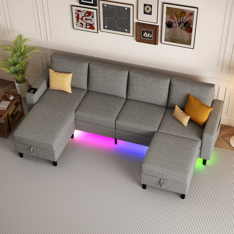 109" Sectional Couches For Living Room, 4 Seat Sectional Sofa With Rgb Light/wireless Charging/usb/type-c, Light Gray