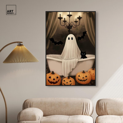 Little Ghostly Bath Canvas Print Halloween Art Decor by Art Remedy, Black Frame, 30 x 45