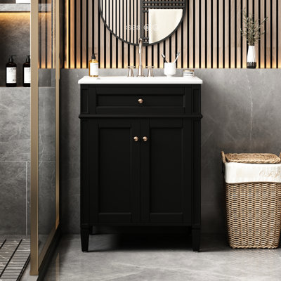 Meuble-lavabo de 61 cm avec lavabo, 2 portes et tiroir basculant. Fermeture silencieuse. Vasque en céramique. Tiroir. Un incontournable moderne. Construction robuste. Étagère de rangement réglable.