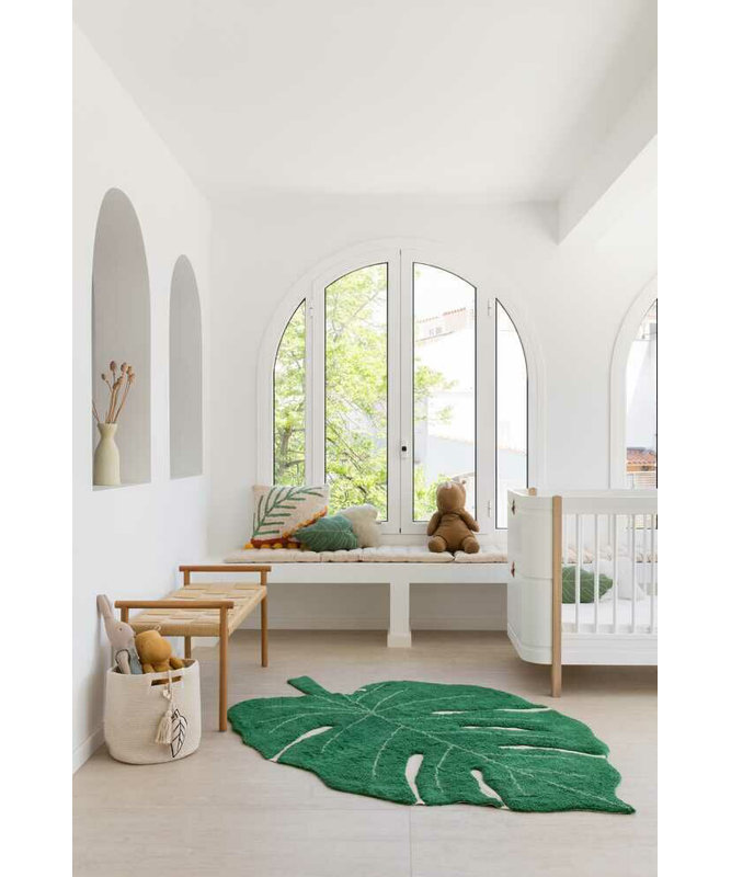 Green Monstera Leaf Hand-Knotted Cotton Area Rug