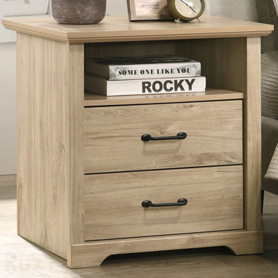 22"W Light Oak 2-Drawer Nightstand, Bedside Table with USB Charging Ports