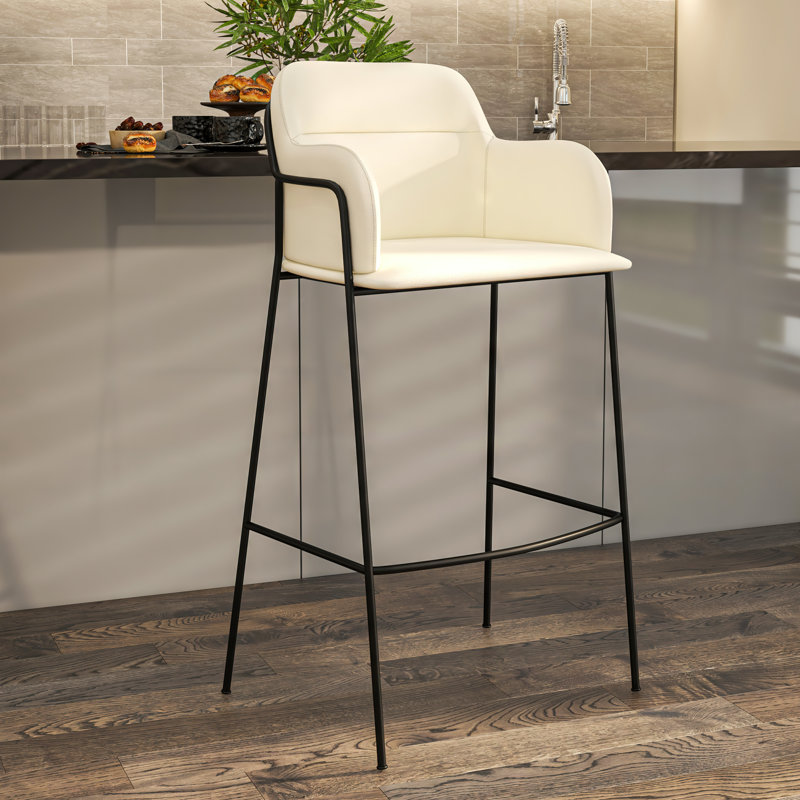 Wainaku Upholstered Low-Back Counter Bar Stool with Black Metal Base, Beige