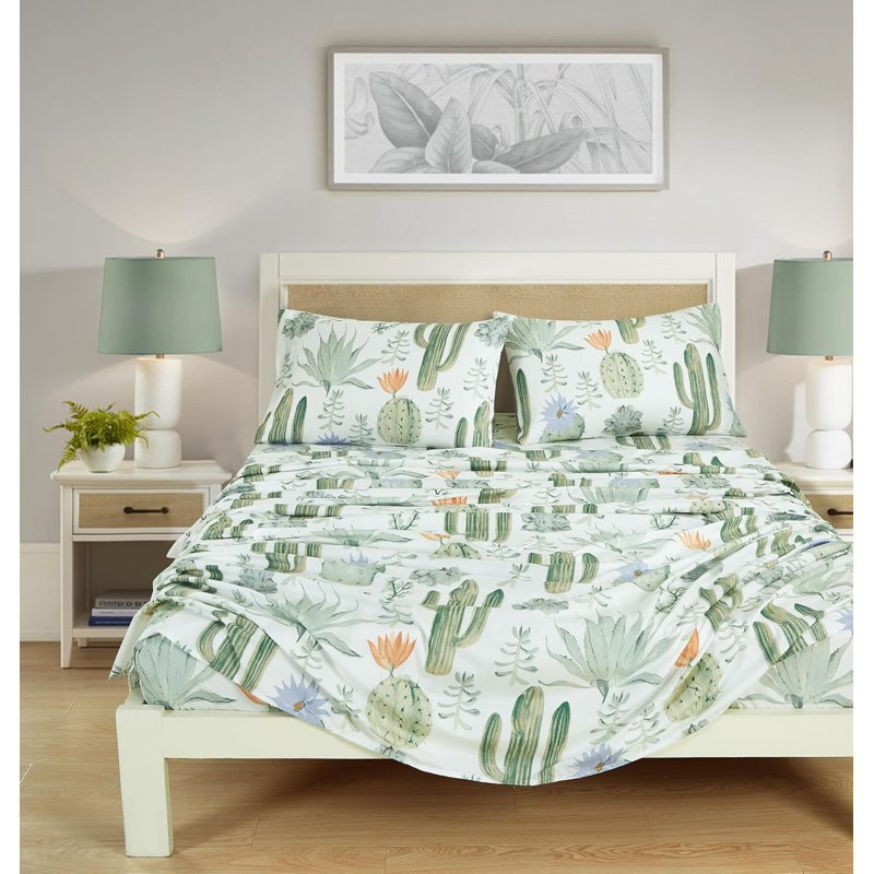 Queen Green Cactus Succulent Print Microfiber Bed Sheet Set