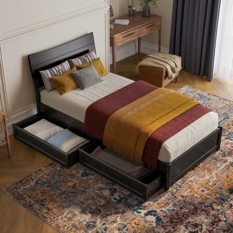 Lit plateforme en bois avec tiroirs de rangement Harlowe, Très grand simple, Noir