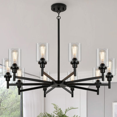 Grand lustre de ferme noir 10 lumières | Lustres rustiques pour salle à manger | Éclairage industriel suspendu avec couvercle en verre transparent pour le salon | Foyer | Escalier | Villa