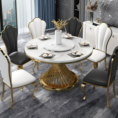 Marble Stainless Steel White and Gold Dining Table