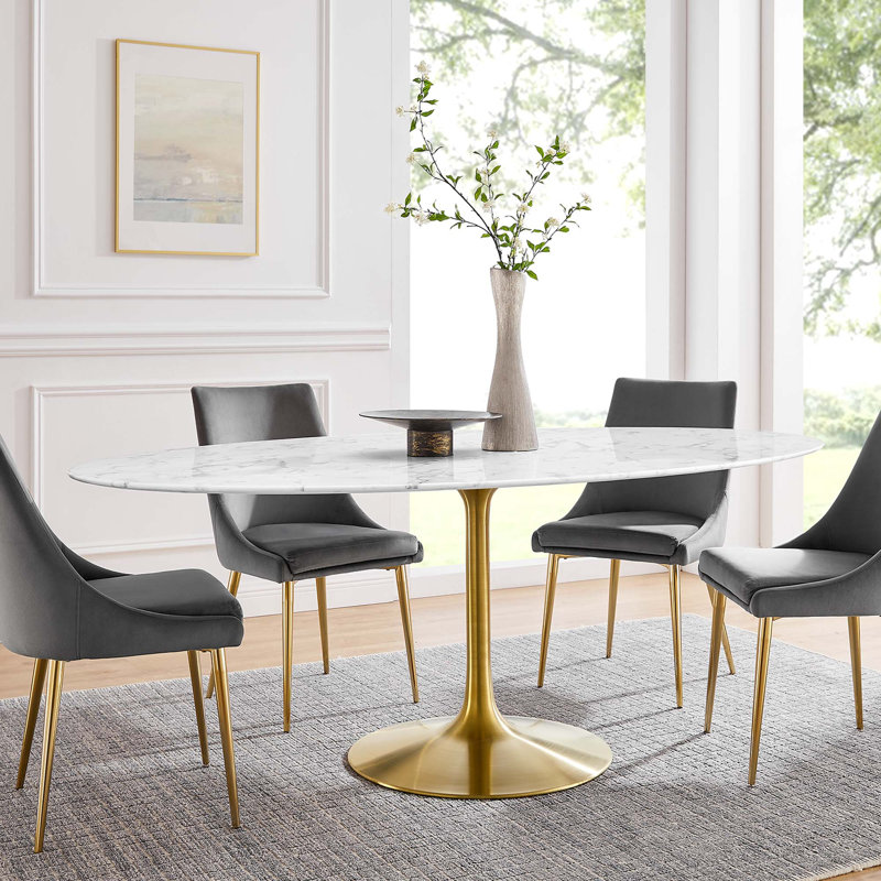  Table de salle à manger en marbre artificiel Lippa, Doré, H 29,5 po x L 78,5 po x l 47 po, Blanc
