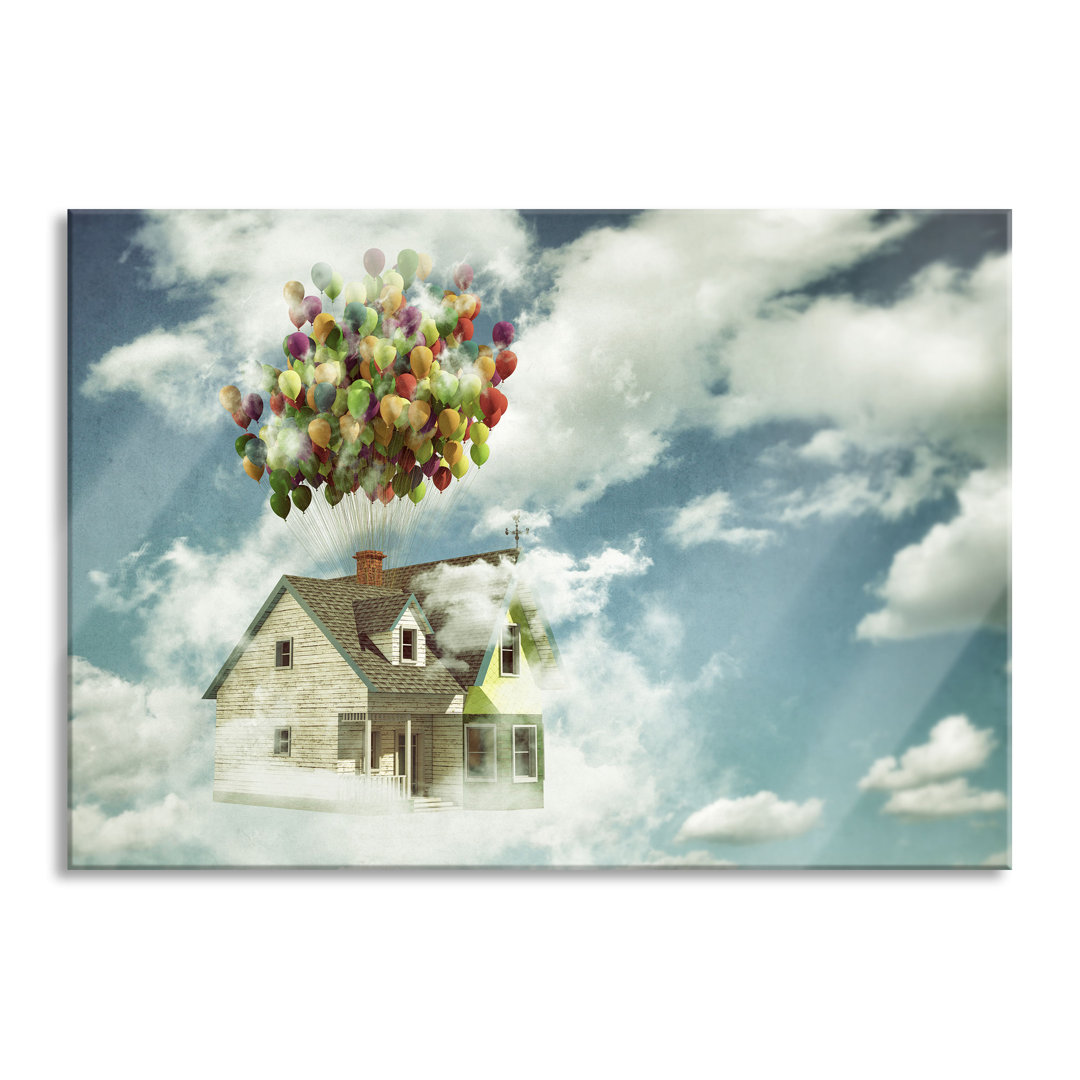 Glasbild Haus mit Ballons