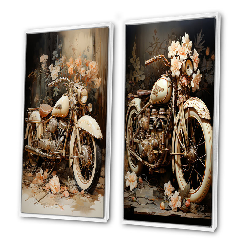 Motocyclette rétro, ensemble de 2 reproductions d'art sur toile, Cadre blanc, H 28 po x l 25 po