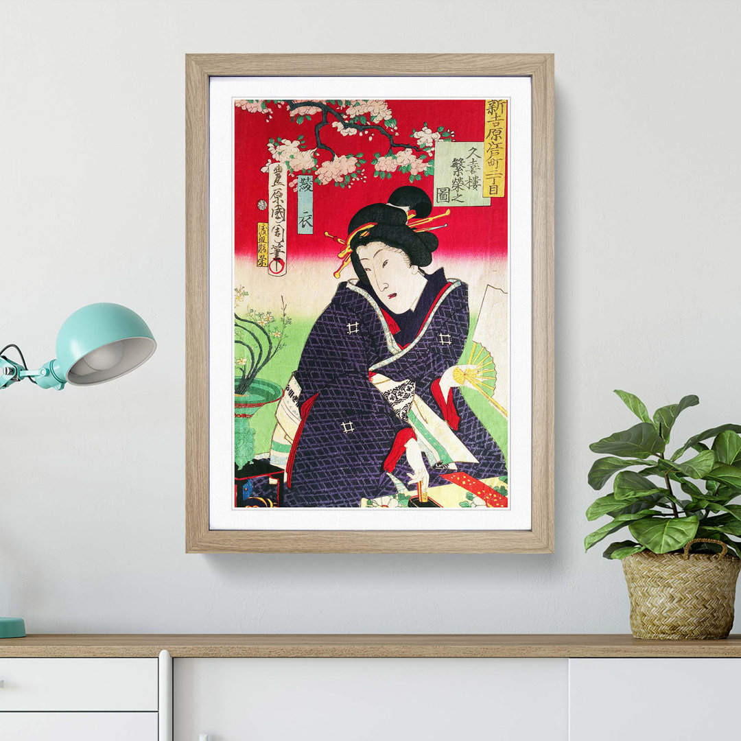 A Lady with a Fan by Toyohara Kunichika - Framed Print