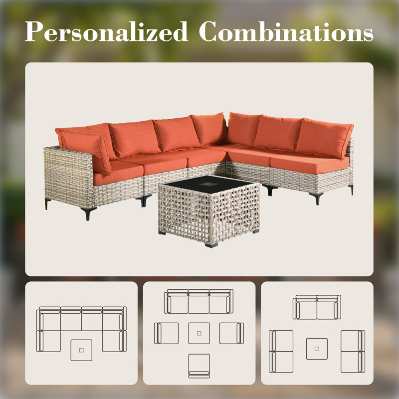 Ensemble de conversation modulaire en osier avec coussins 11 pièces Emroy, Oui, Orange-rouge