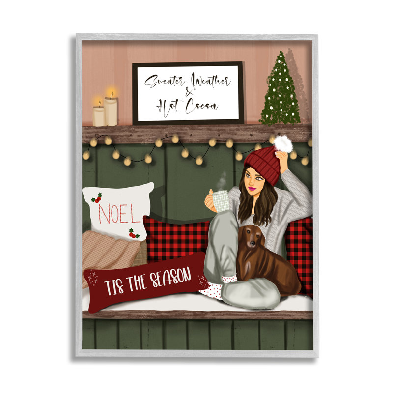 Ba-854, "Cozy Girl" avec des phrases de Noël encadrées sur bois par Saba Rauf, Estampe numérique Farmhouse
