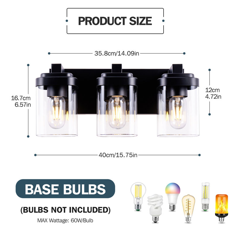 Matte Black Bathroom Vanity Light, 3-Light Vanity Lighting Fixtures Over Mirror, Square Design Wall Sconces With Clear Glass Shades