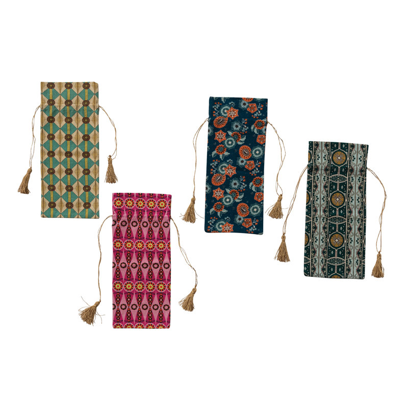 Artisan Cotton And Linen Patterned Wine Bags With Tassels