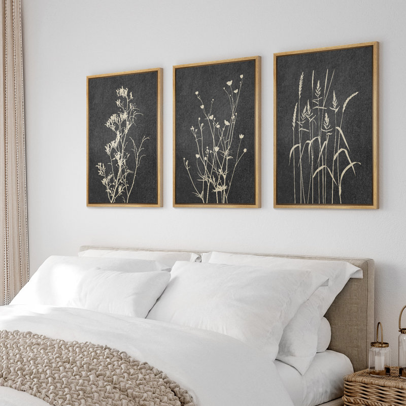 Black Gray Floral & Botanical Neutral Decor Minimalist Framed On Canvas 3 Pieces Print Wall Art, 36" H x 24" W x 1.5" D