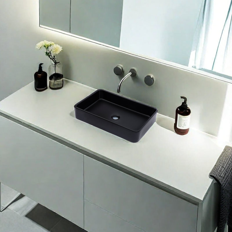 APRESSHUI 16'' Ceramic Rectangular Bathroom Sink, Black