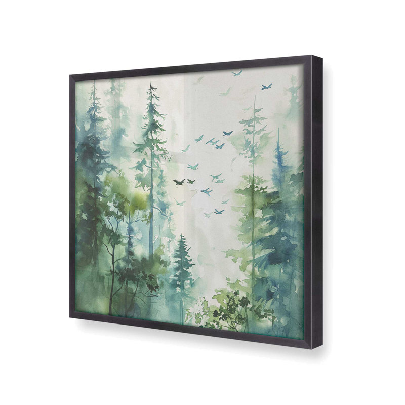 Oiseaux des bois dans la brume II, Cadre en zinc patiné, H 13,75 po x l 13,75 po