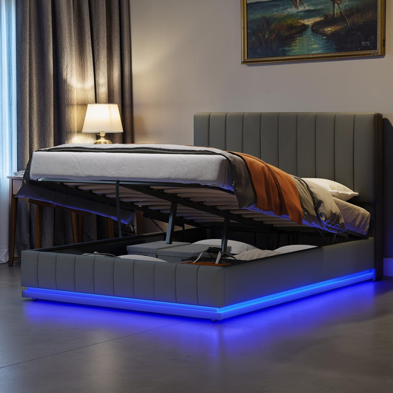 PU Leather Upholstered Bed Ottoman Bed With LED Lighting, Hydraulic Storage 4Ft6 Double Bed Frame With Adjustable Channel Tufted Headboard