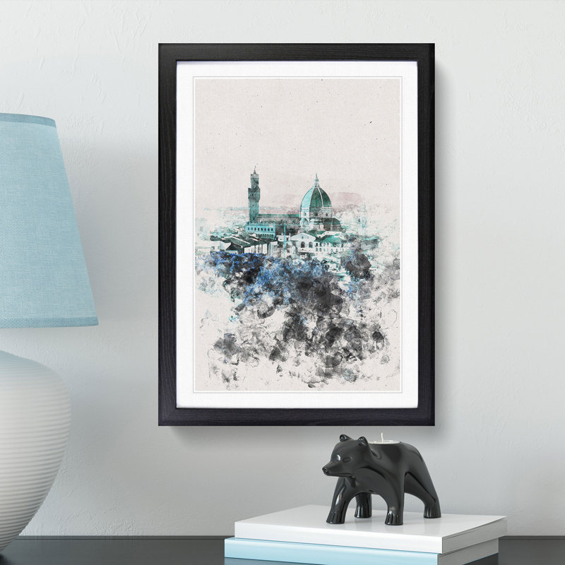 Florence Cathedral In Italy Abstract Watercolour - Picture Frame Graphic Art, 45cm H x 33cm W x 2cm D, Black Framed