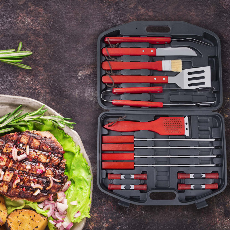 Ensemble d'outils pour barbecue antiadhésif en acier inoxydable 18 pièces avec étui de rangement Clabaugh, rouge