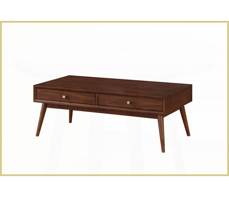 Table basse rétro-moderne en placage de noyer avec 2 tiroirs, finition brune pour le salon