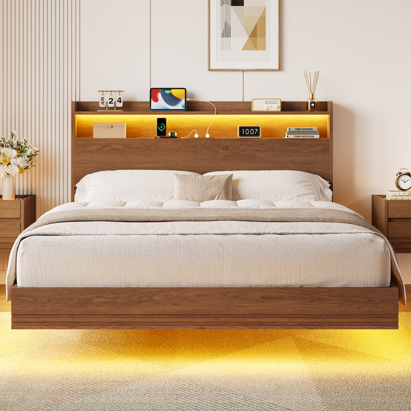 Cadre de lit flottant pleine grandeur avec rangement, station de recharge et lumières DEL, cadre de lit en bois cannelé avec tête de lit de rangement pour chambre à coucher, aucun sommier requis