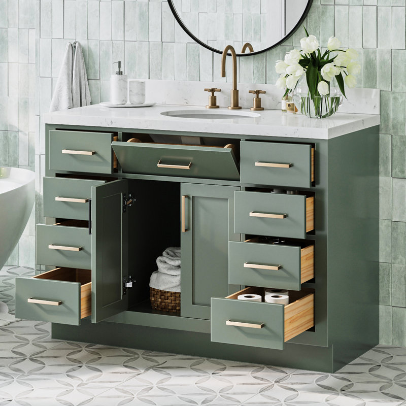 Tidworth 48'' Solid Wood Single Bathroom Vanity with 1.5'' Carrara Quartz Top Sink, Oval, Vintage Green