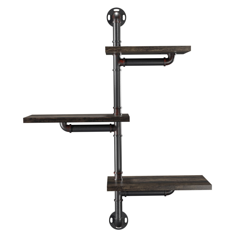 Holloway 3 Piece Tiered Industrial Pipe Shelves, Dark Walnut